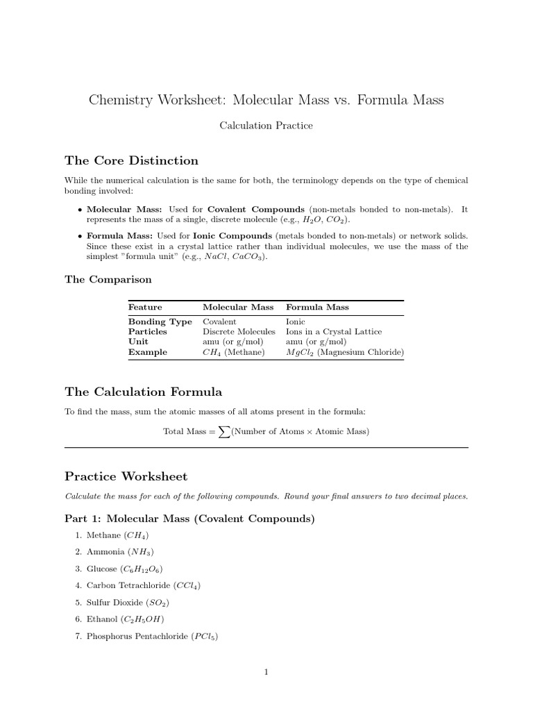 Work Sheet For Formula Mass and Molecular Mass | PDF | Molecules | Oxide