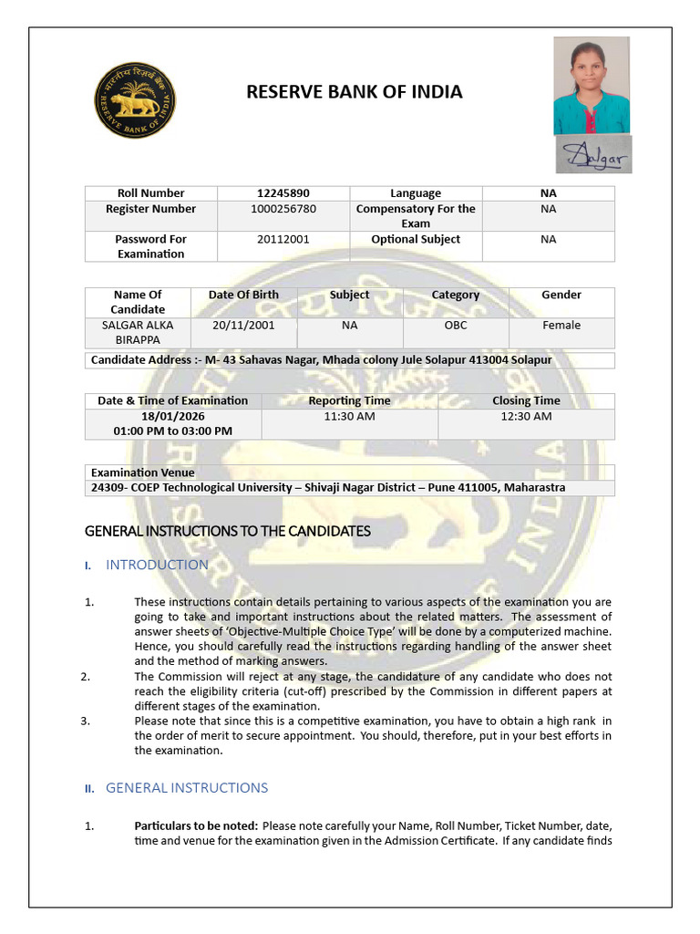Reserve Bank of India Hall Ticket | PDF