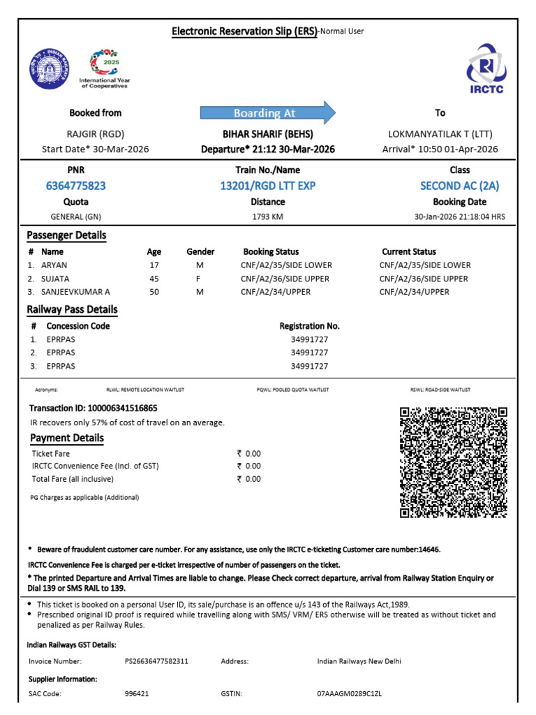 13201/RGD LTT EXP Second Ac (2A) | PDF | Identity Document