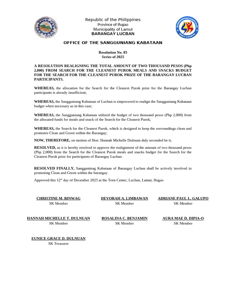 Resolution For Realignment For Clean and Green | PDF | Youth Organizations