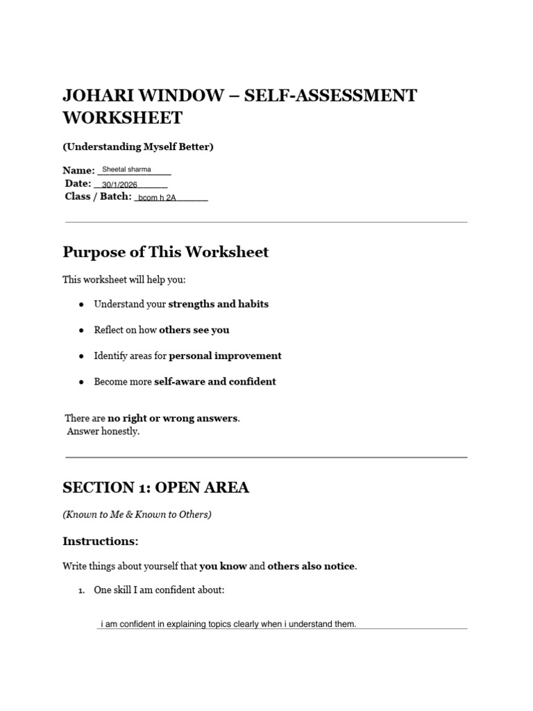 Johari Window - Self-Assessment Worksheet | PDF | Communication | Human ...