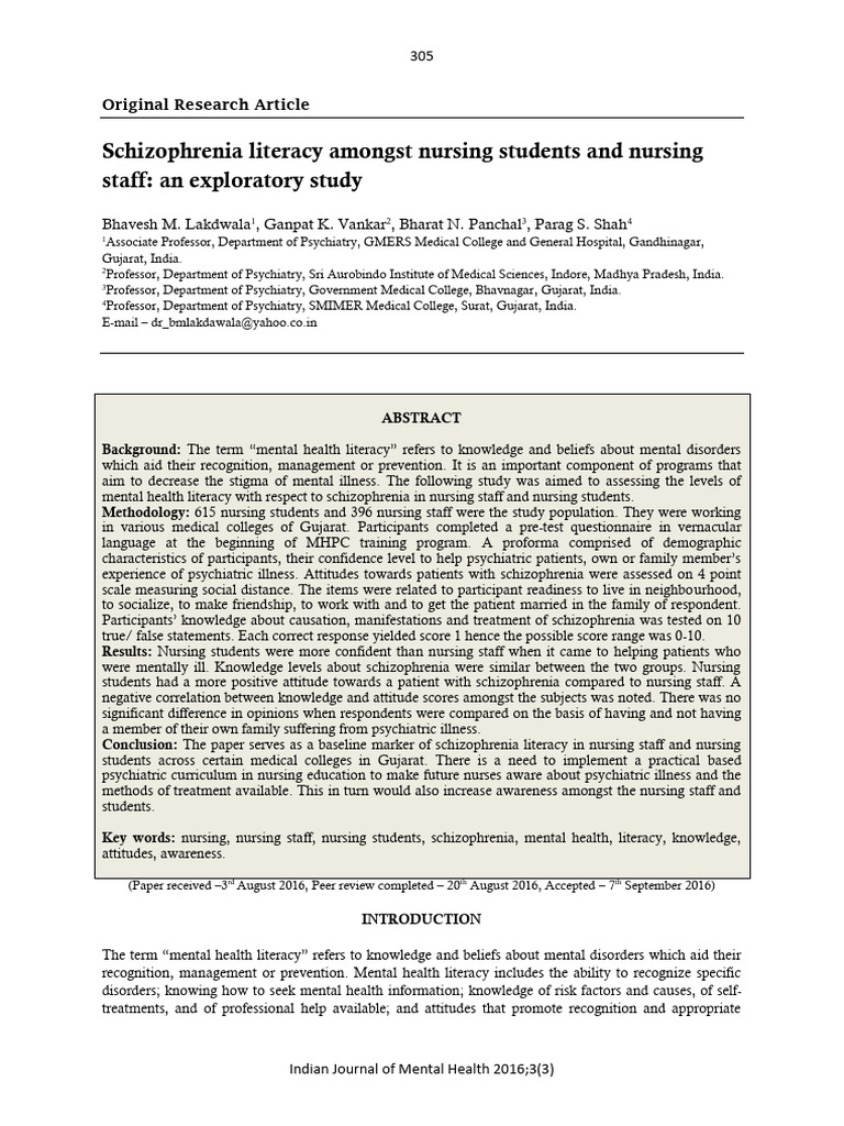 Schizophrenia Literacy Amongst Nursing Students An | PDF | Mental ...