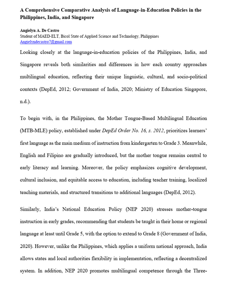 Comparative Analysis of Language Education Policies - Philippines ...