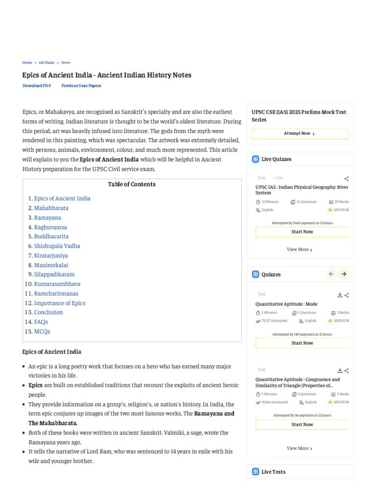 Epics of Ancient India - Ancient Indian History Notes | PDF | Rama ...