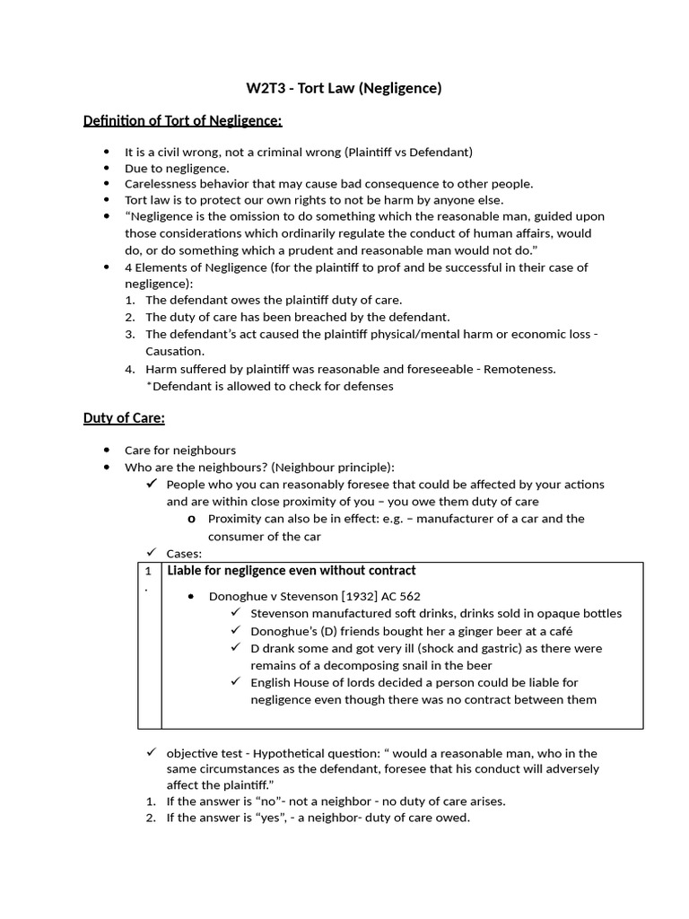 W2T3 - Tort Law (Notes) | PDF | Negligence | Duty Of Care