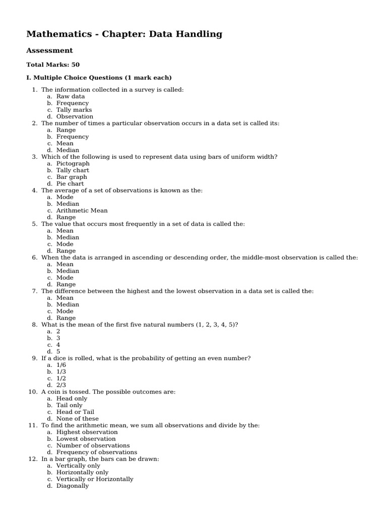 Maths Test Paper - Data Handling | PDF | Mean | Mode (Statistics)