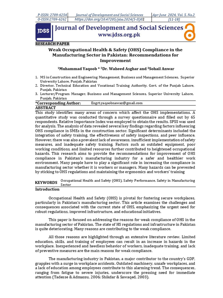 Weak Occupational Health & Safety (OHS) Compliance in The | PDF ...