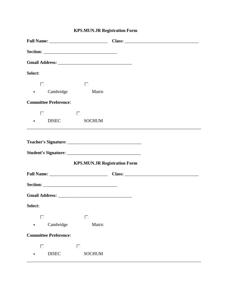 KPS - MUN.JR Registration Form Full Name: Class: Section: Gmail Address ...