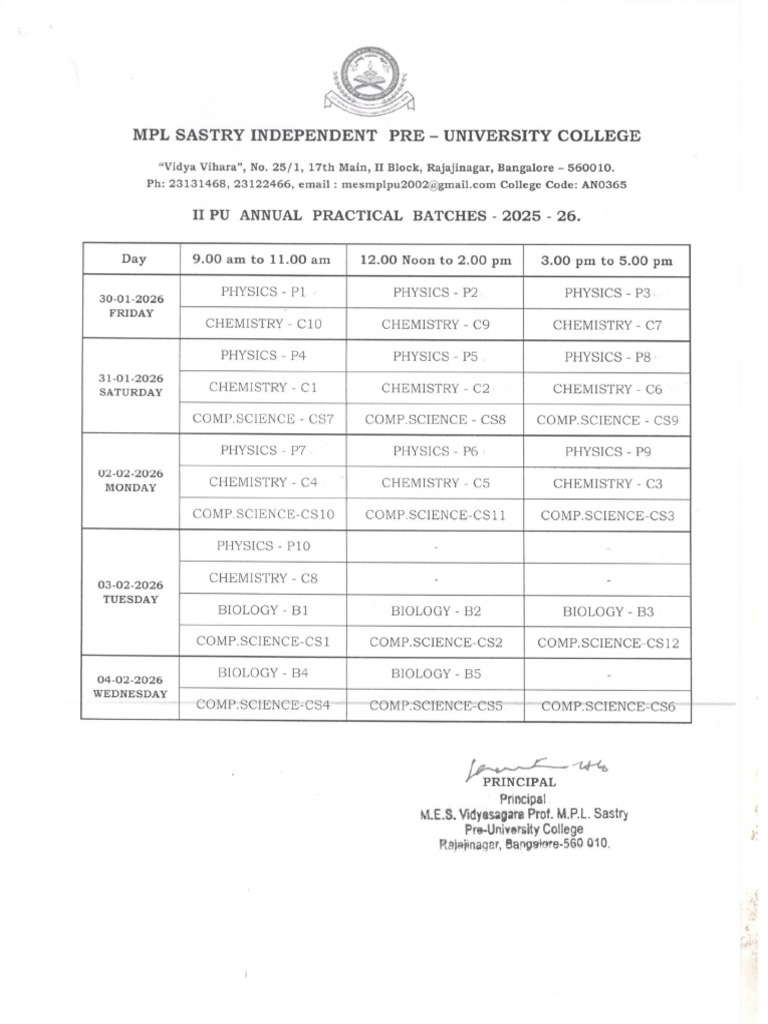 Practical Exam Time Table | PDF