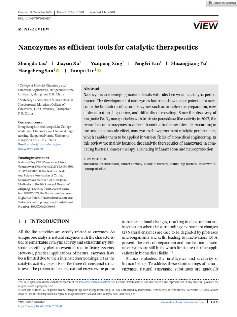 17.VIEW - 2021 - Liu - Nanozymes As Efficient Tools For Catalytic ...