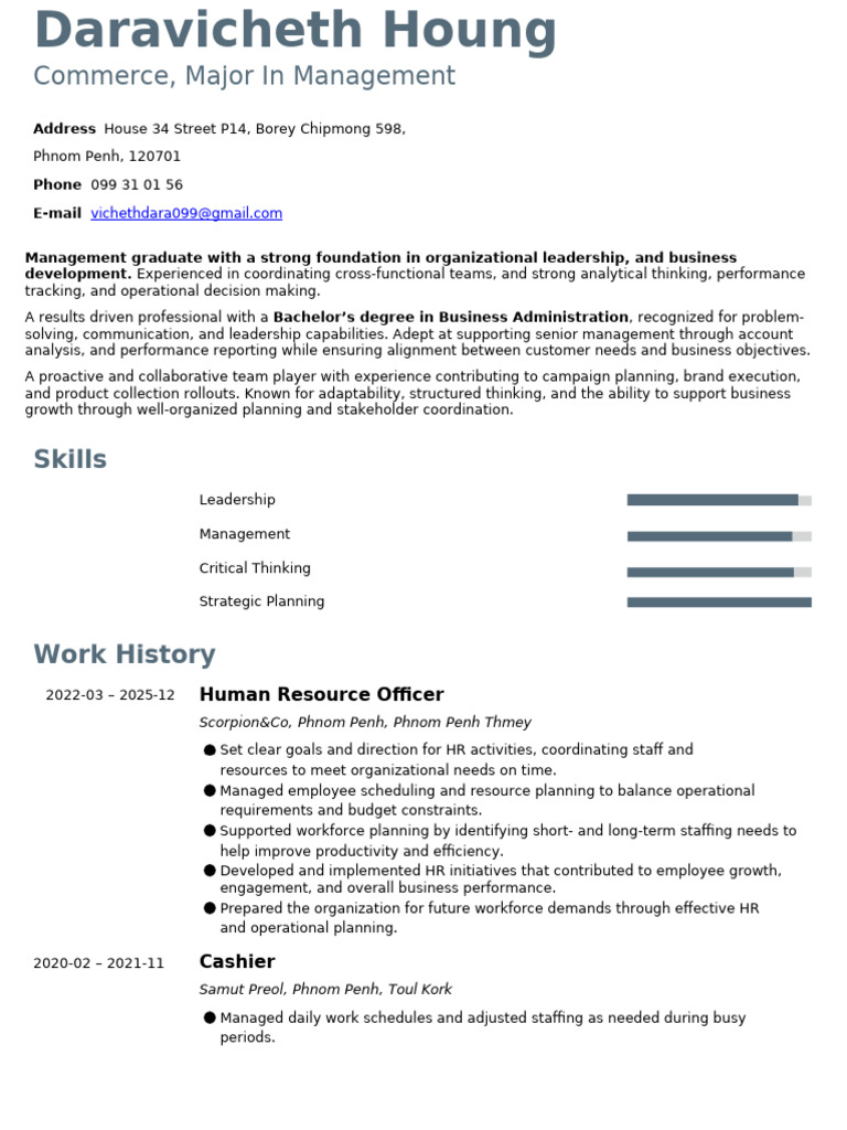 Houng Daravicheth CV | PDF | Leadership | Human Resource Management