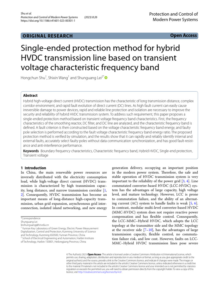 Single-Ended Protection Method For Hybrid HVDC Transmission Line Based ...