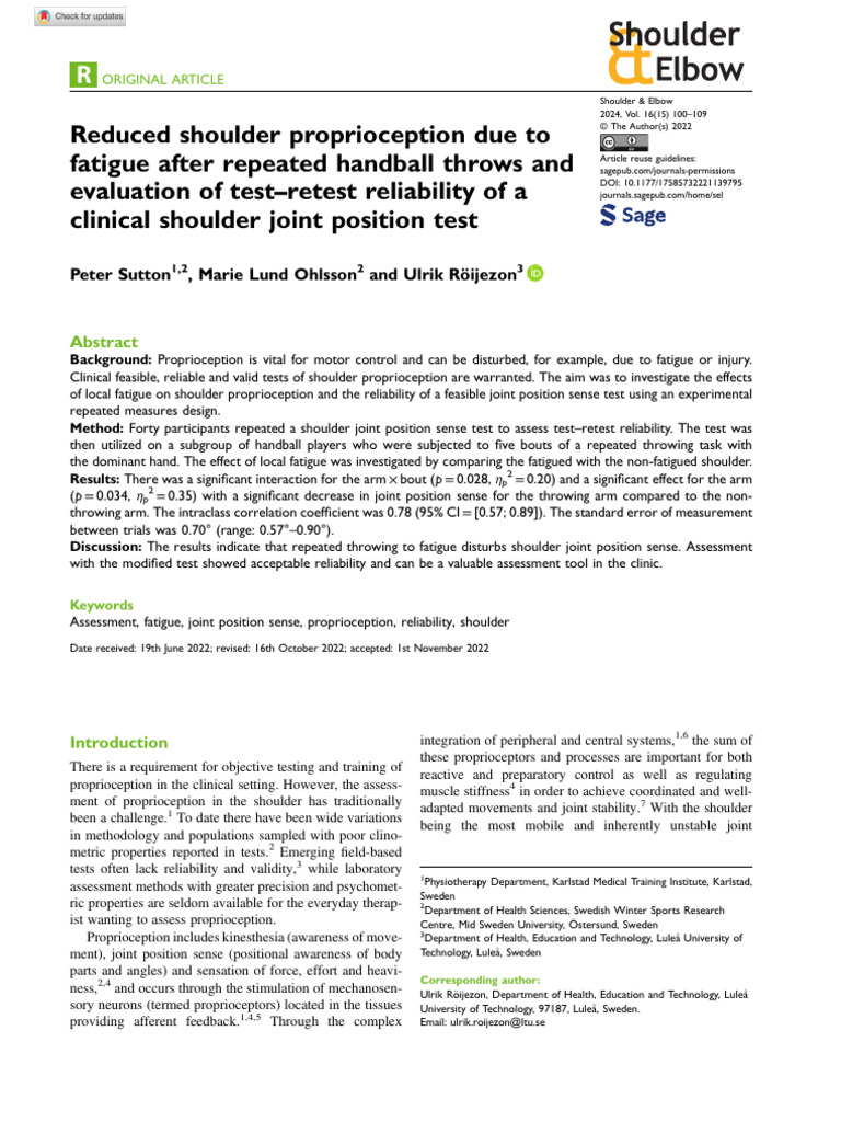 Sutton Et Al 2022 Reduced Shoulder Proprioception Due To Fatigue After ...