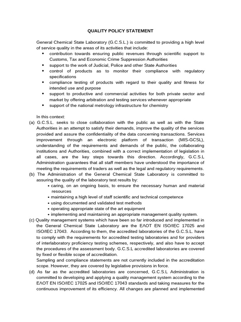 Quality Policy Statement | PDF | Quality Management System | Regulatory ...