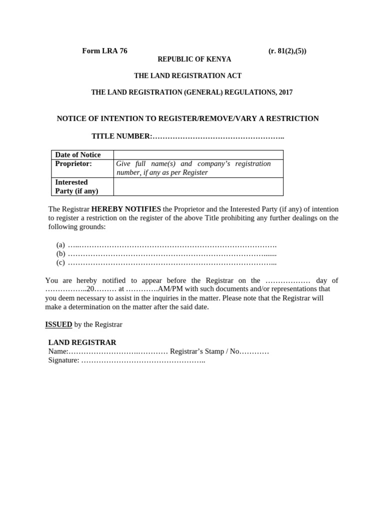 Form Lra 76 Notice of Intention To Register Remove Vary A Restriction | PDF