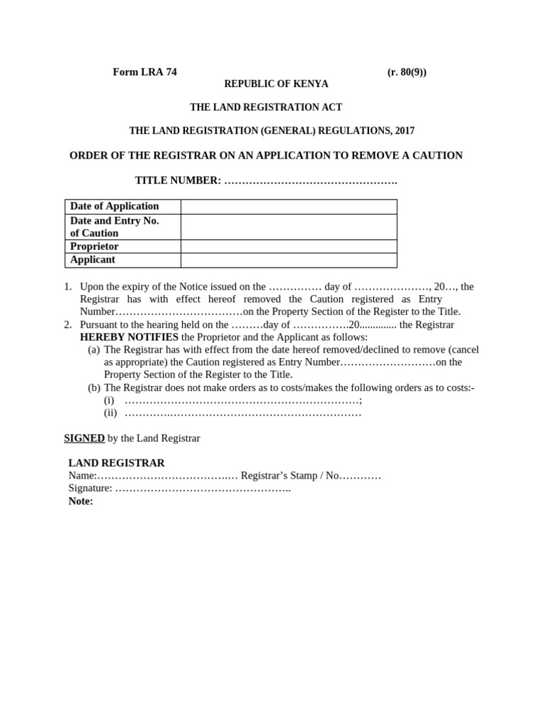 Form Lra 74 Order of The Registrar On An Application To Remove A ...
