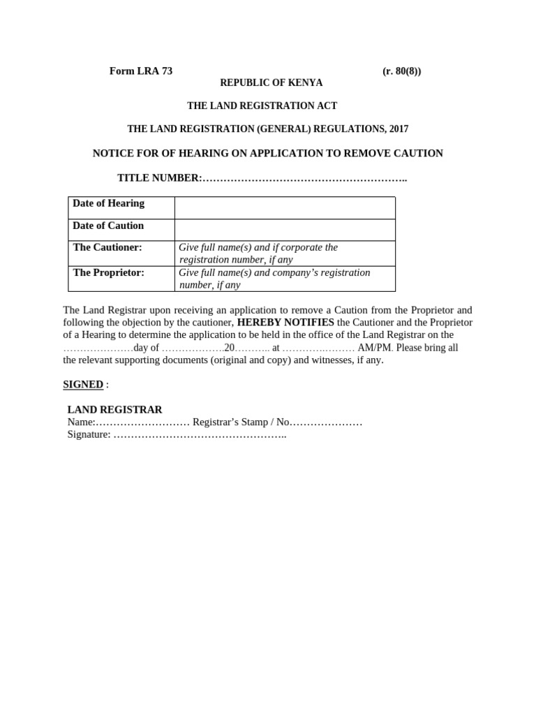 Form Lra 73 Notice For of Hearing On Application To Remove Caution | PDF