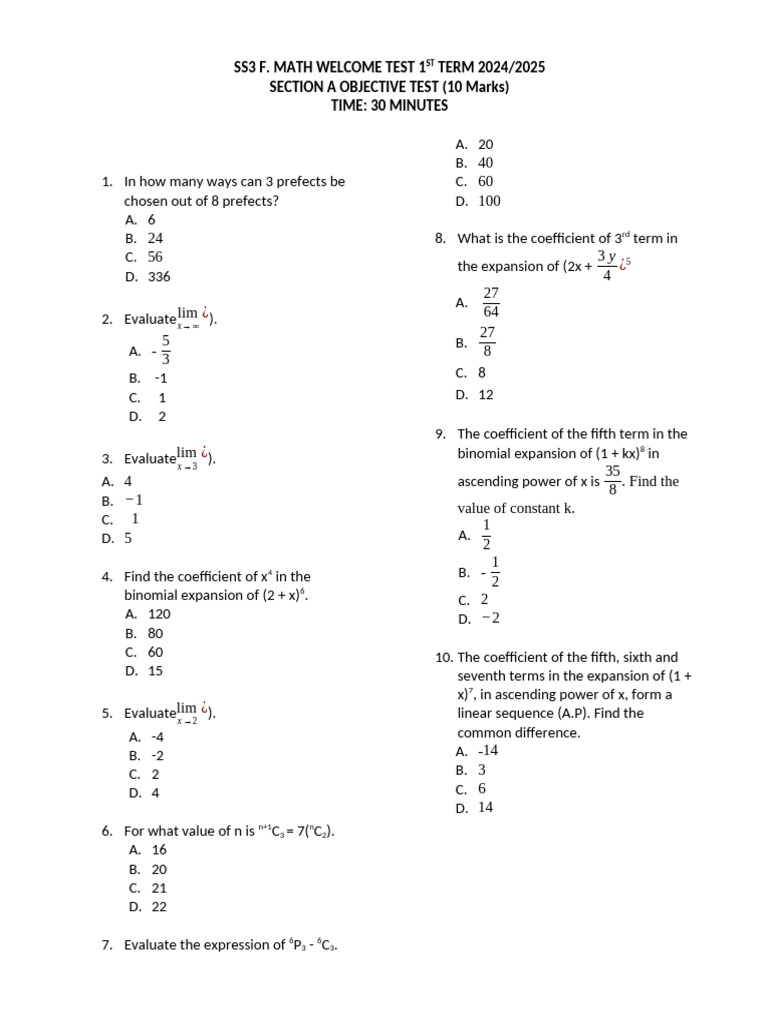 2nd Term SS2 F.maths Test 1 2025-2026 | PDF | Chess Theory | Chess