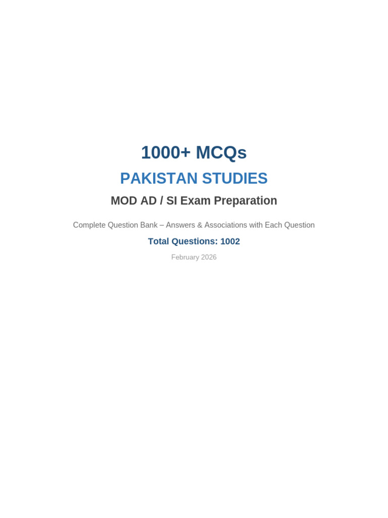 Pakistan Studies 1000 MCQs MOD Exam | PDF | Indus River | Muhammad Ali ...