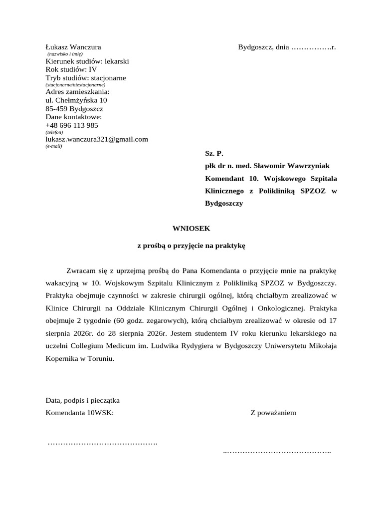 Podanie Na Praktyki | PDF