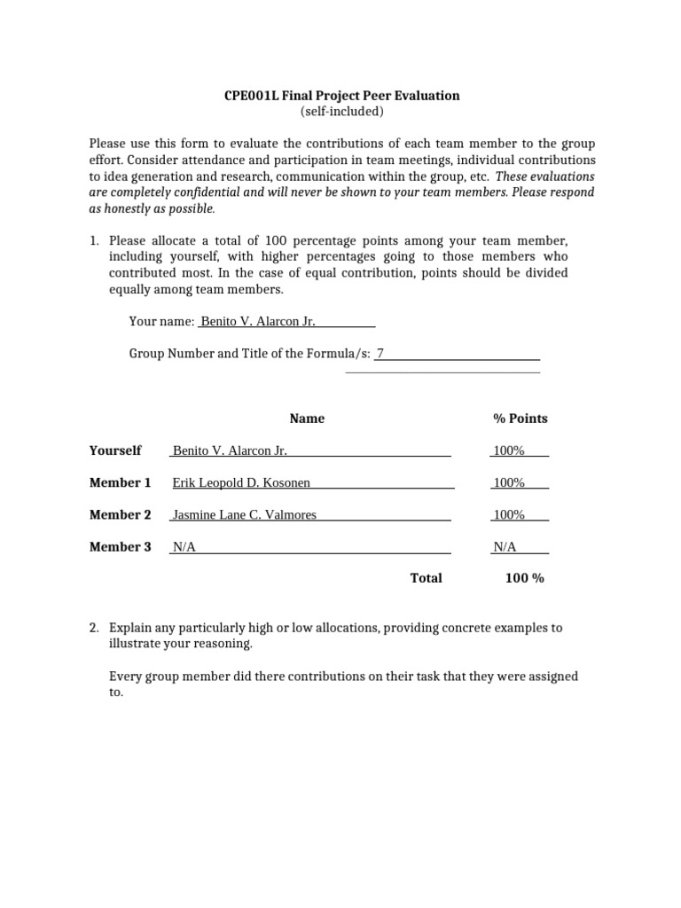 CPE001L Final Project Peer Evaluation | PDF