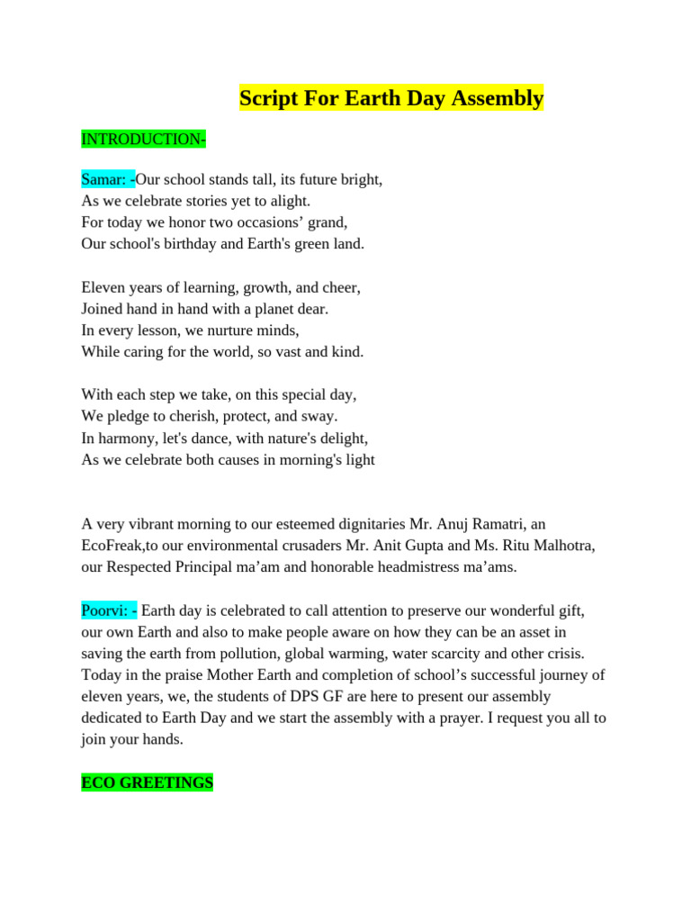 Script Earth Day Ass.e, M, B.L.Y | PDF | Sustainable Development ...