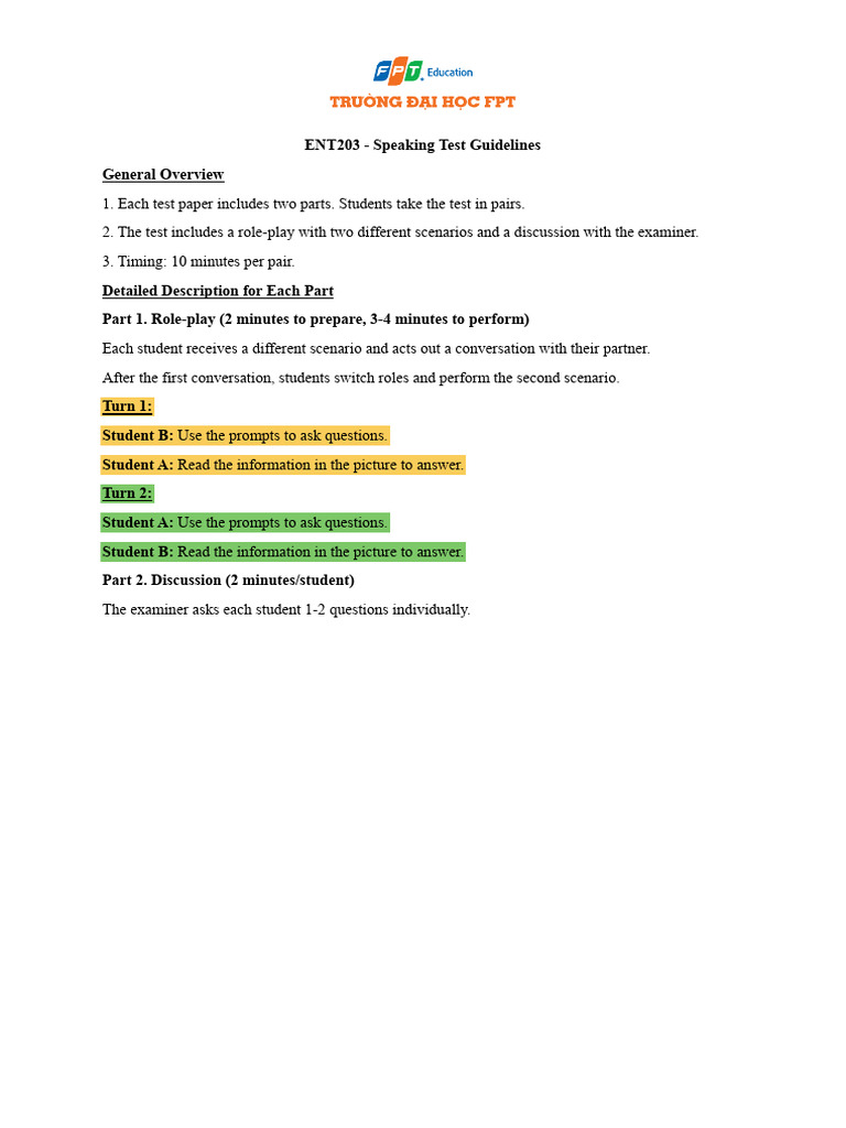 ENT203 - Speaking Test Guidelines and Sample | PDF