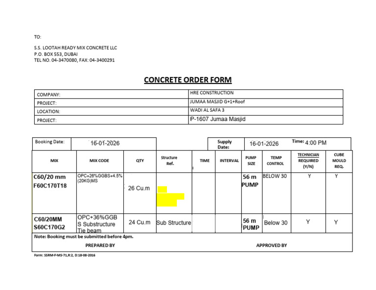 READY MIX-Concrete Order Form (Sub Tie Beams & Super Structure Columns ...