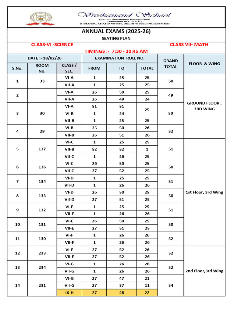 Seating Plan of Annuals As On 18.2.26 For 6th and 7th | PDF | Military ...