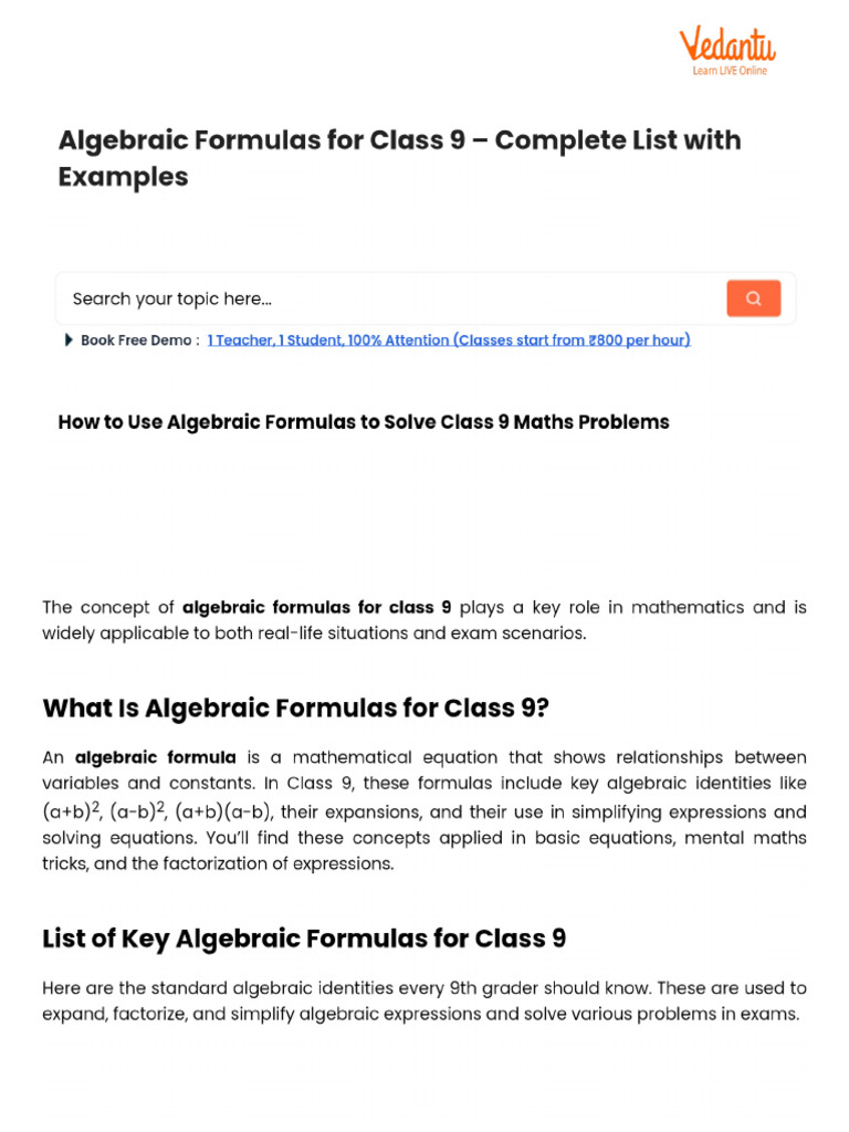 Algebraic Formulas For Class 9 - Complete List With Examples | PDF