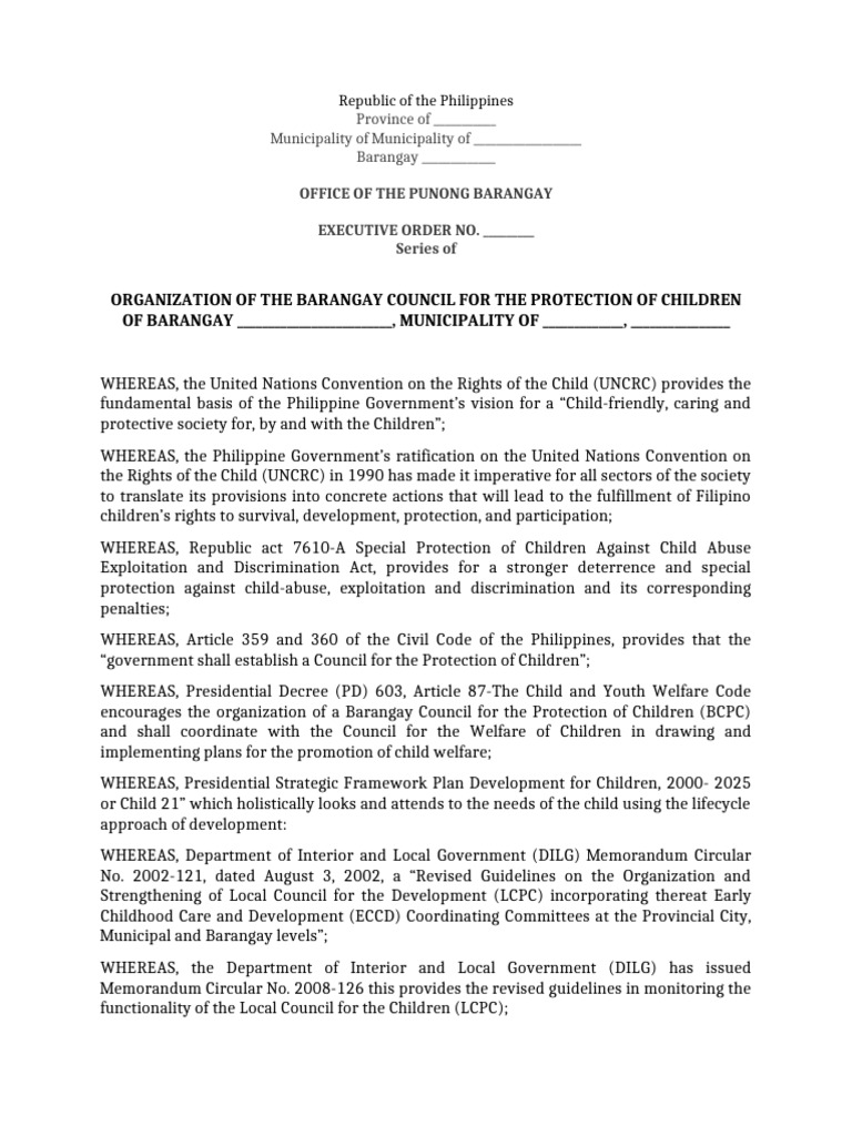 EO - Barangay Council For The Protection of Children (BCPC) | PDF ...
