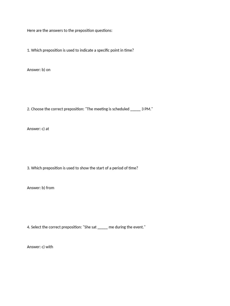 Answer For The Preposition | PDF