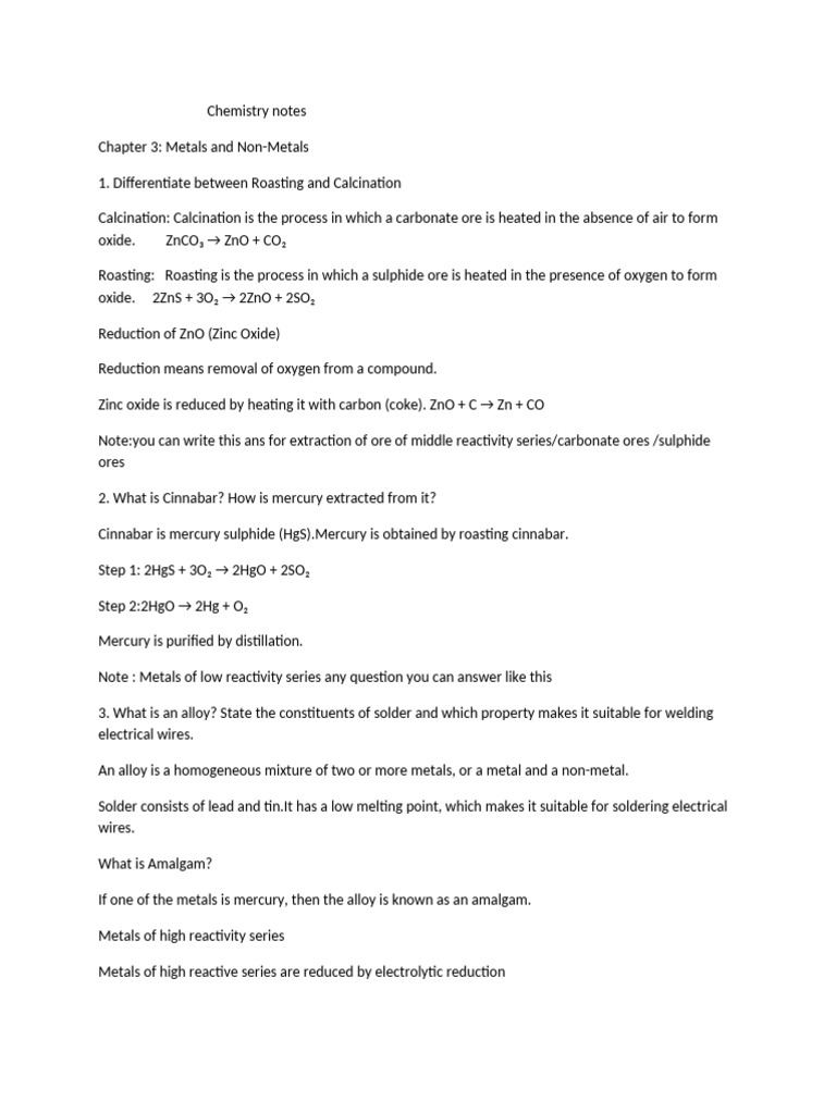 Chem Notes CH 3 Metals N M | PDF | Zinc Oxide | Metals