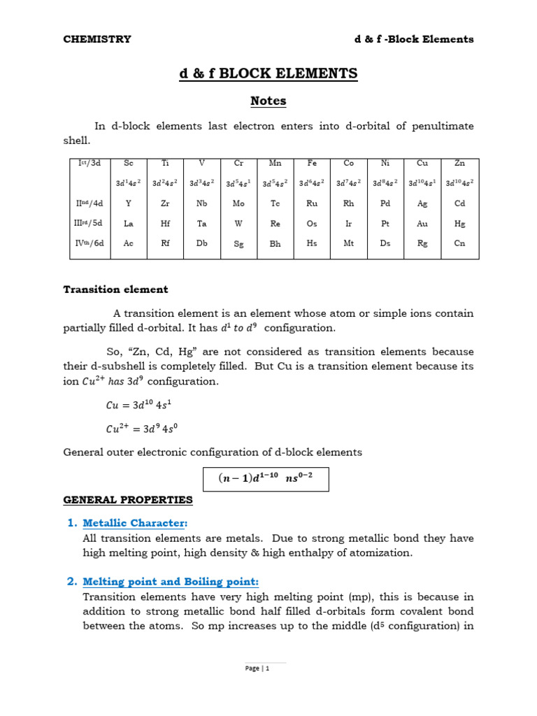 D - F Block Elements - Notes | PDF | Transition Metals | Lanthanide