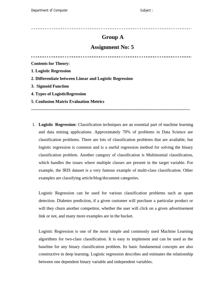 Part A Assignment - No - 5 | PDF | Logistic Regression | Regression ...