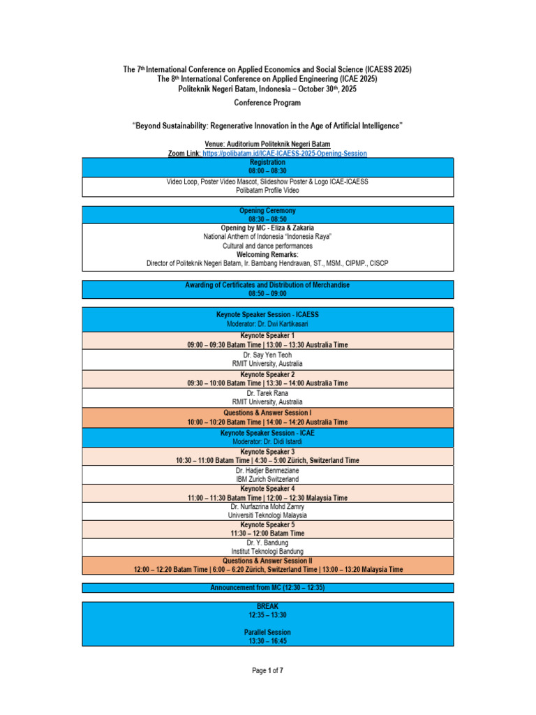 ICAE-ICAESS 2025 - Rundown and Parallel Session Schedule | PDF