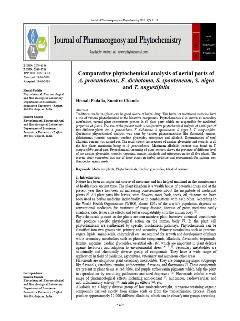 Comparative Phytochemical Analysis of Aerial Parts of and T ...