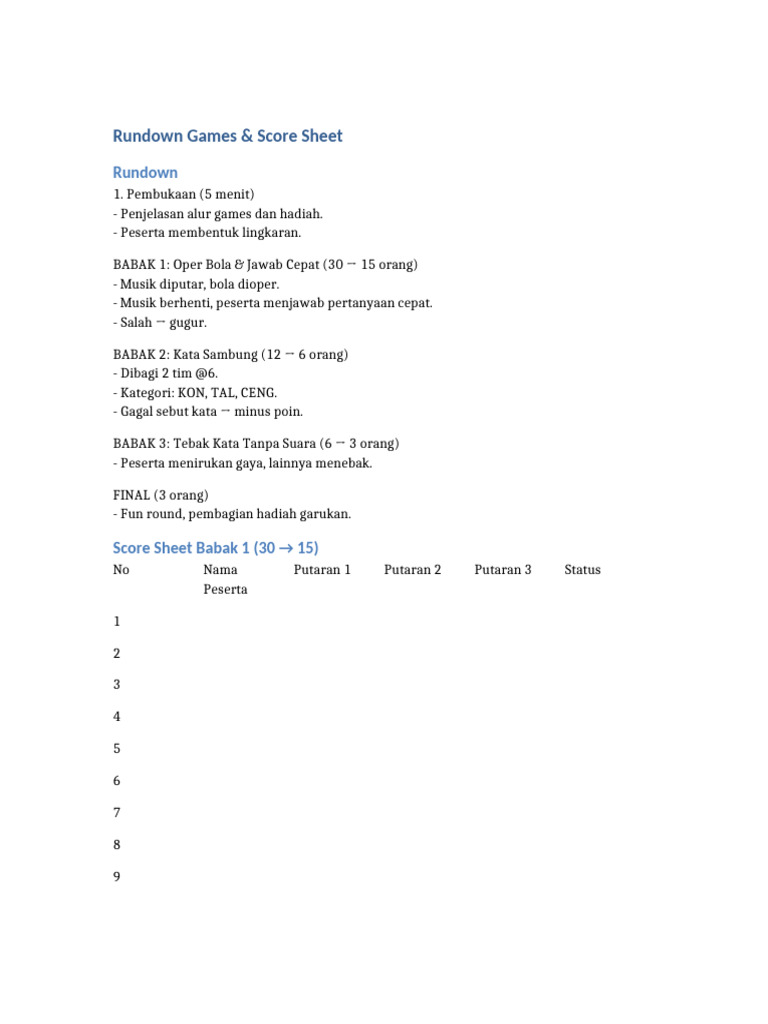 Rundown Games ScoreSheet | PDF
