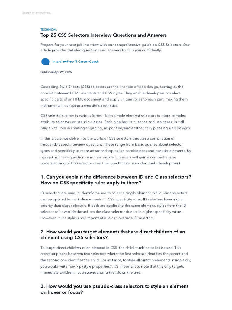 Top 25 CSS Selectors Interview Questions and Answers - InterviewPrep ...