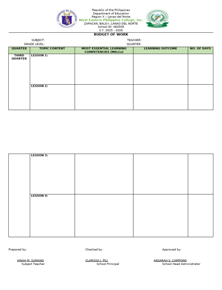 Budget of Work | PDF