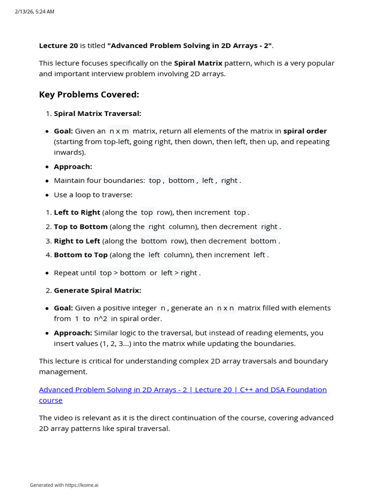 Lecture 20 Advanced Problem Solving in 2D Arrays - 2 | PDF