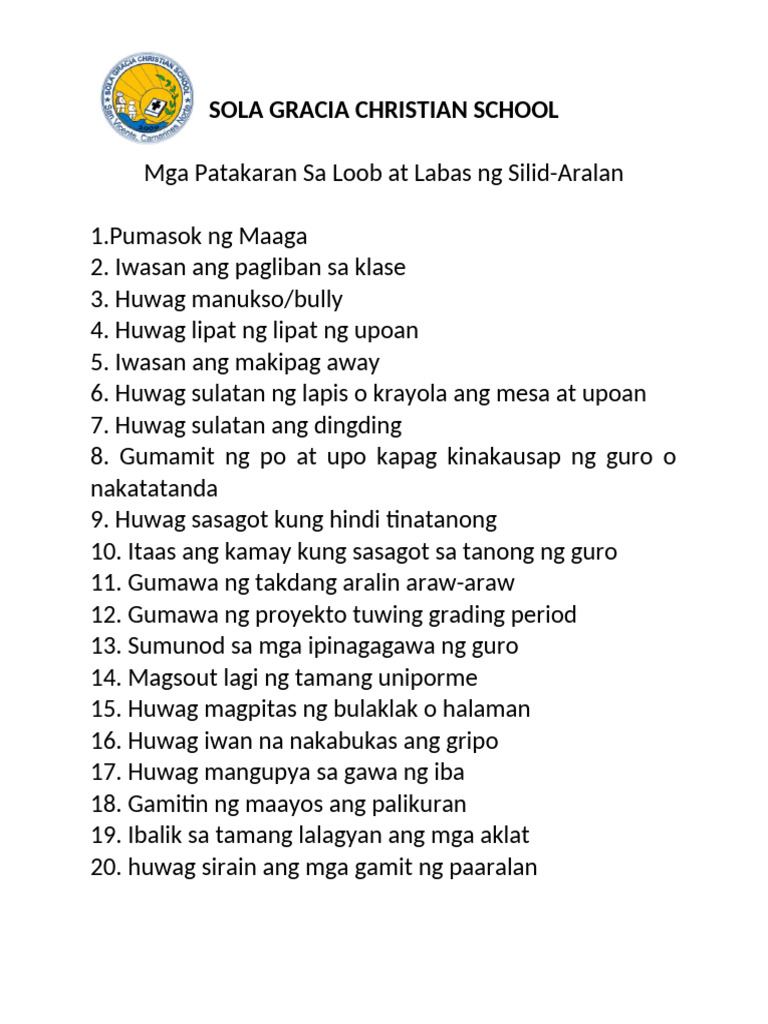 Mga Patakaran Sa Loob at Labas NG SIlid | PDF