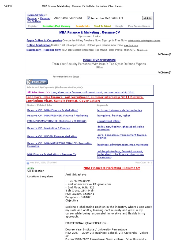 mba finance  u0026 marketing   resume cv biodata  curriculum vitae  sample format  cover letter