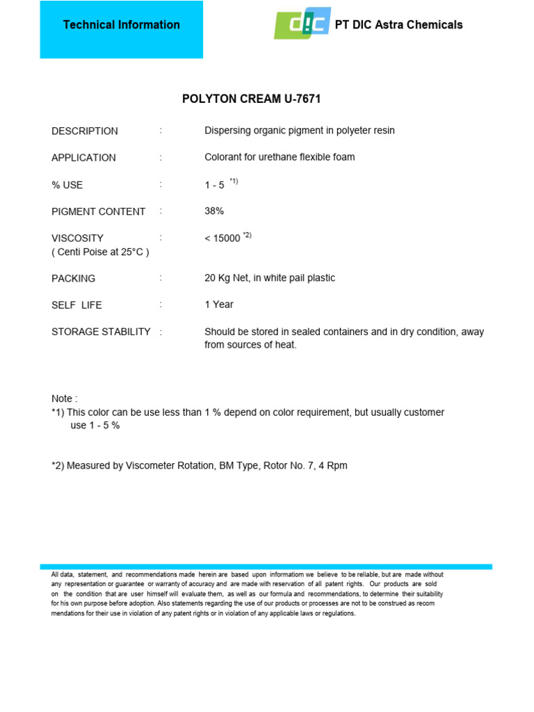 TDS DIC Astra Chemical Polyton Cream U 7671 | PDF