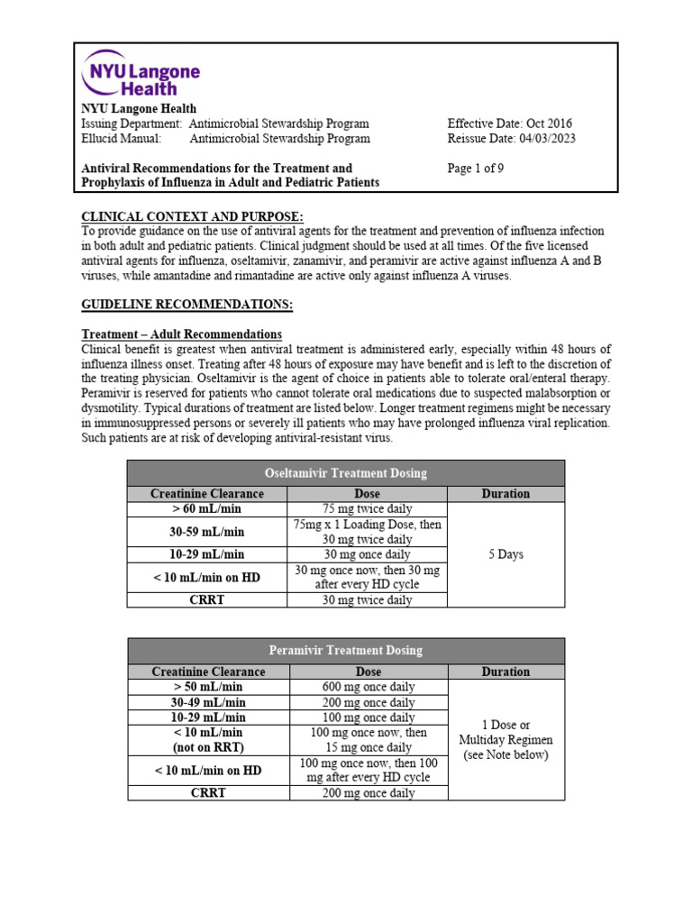 Oseltamivir NYU Guidelines | PDF | Influenza | Antiviral Drug