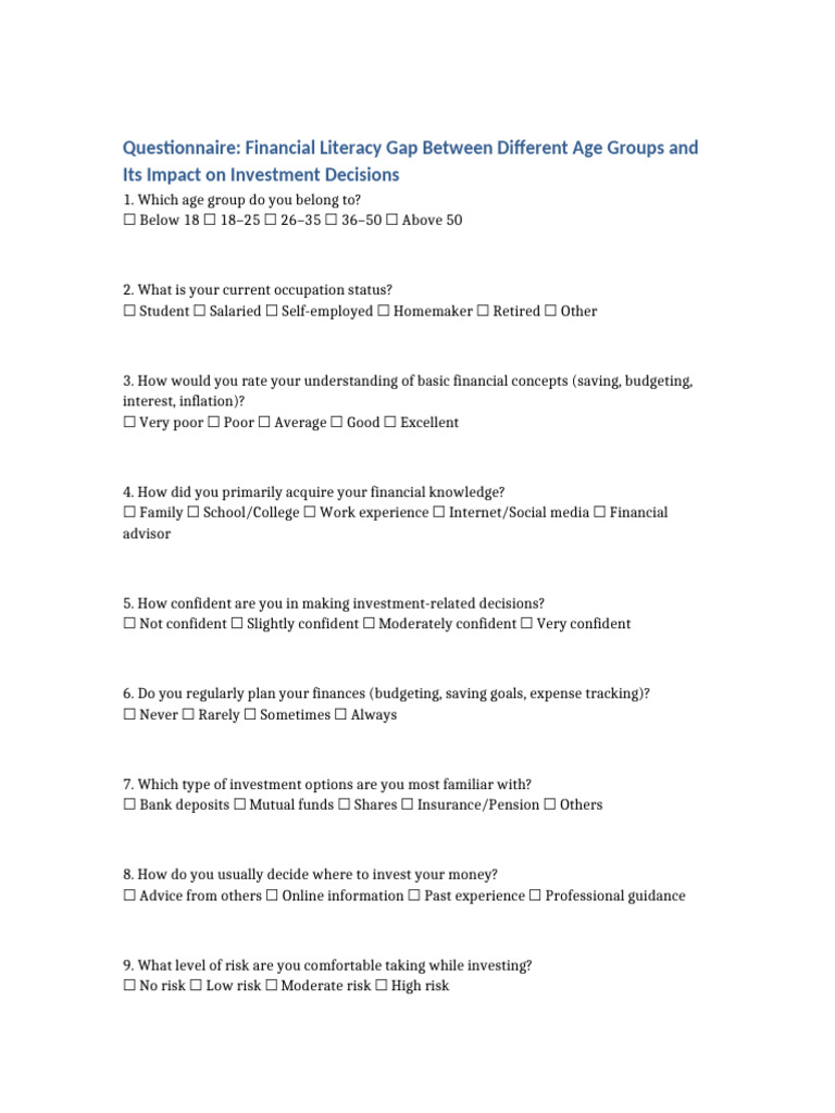 Financial Literacy Questionnaire | PDF