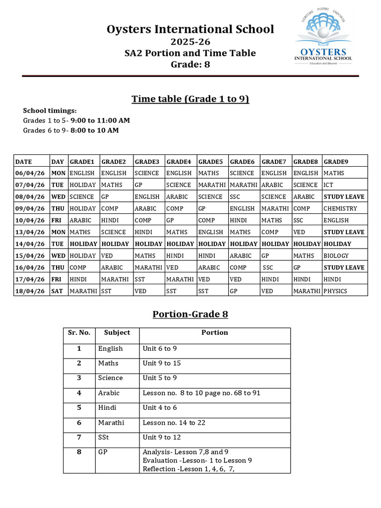 Grade8 SA02 April '26 Timetable and Portion. | PDF | Science