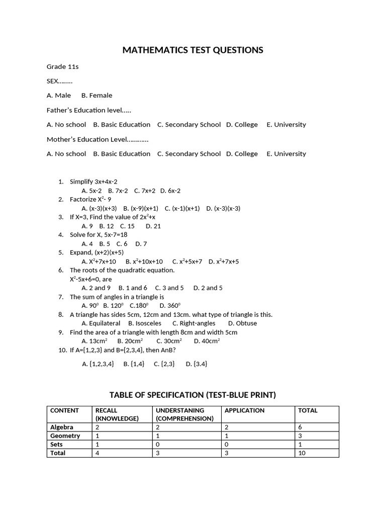 Mathematics Test Questions | PDF