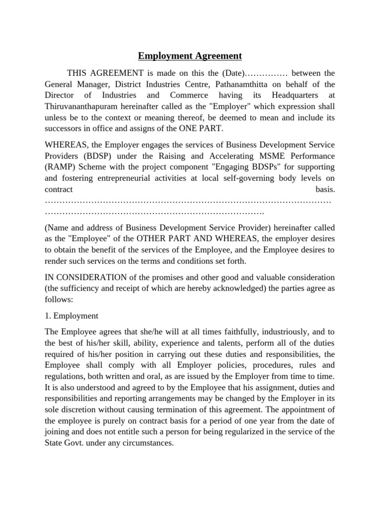 Agreement (Blank) | PDF | Employment | Private Law