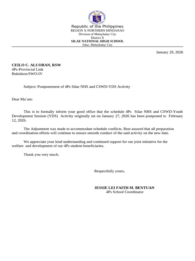 4ps Letter of Postponement | PDF